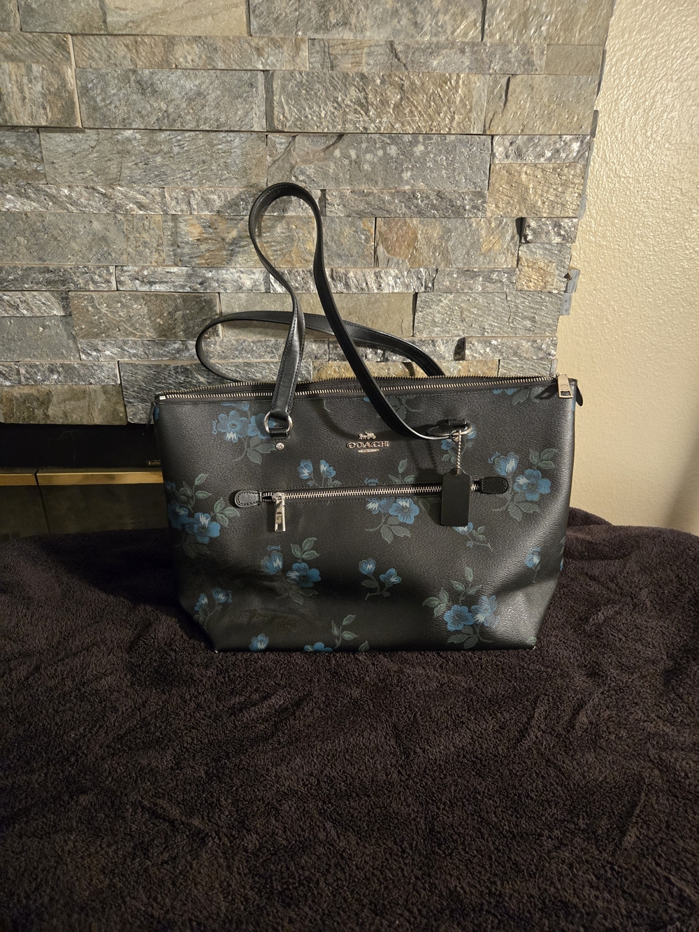 Coach Black Shoulder Tote with Blue Floral Print
